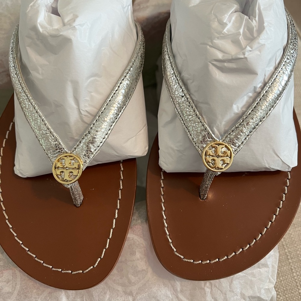 Tory Burch Metallic Silver and Tan Sandals - Picture 2 of 7